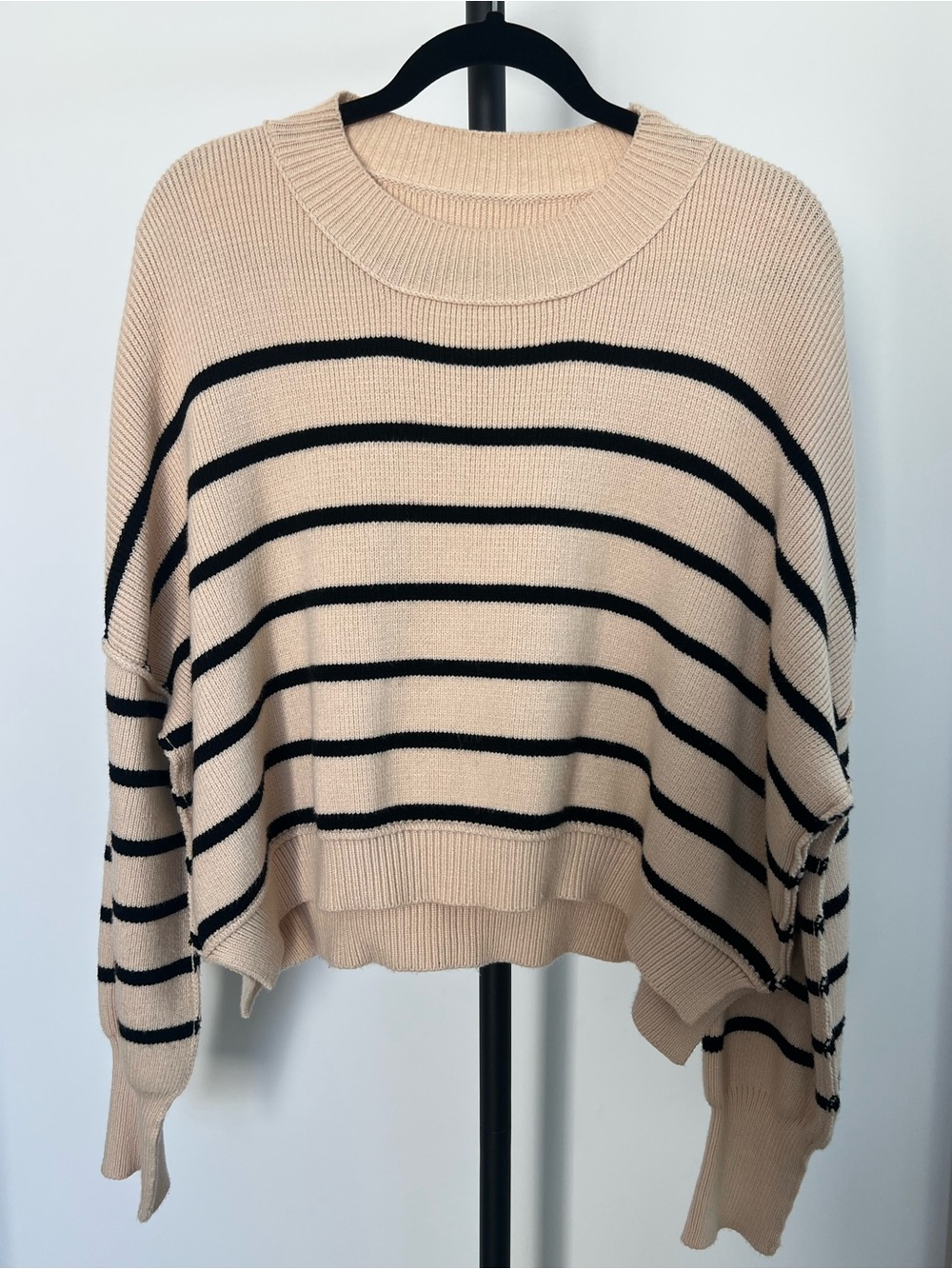 Beige and Black Striped Crewneck Sweater